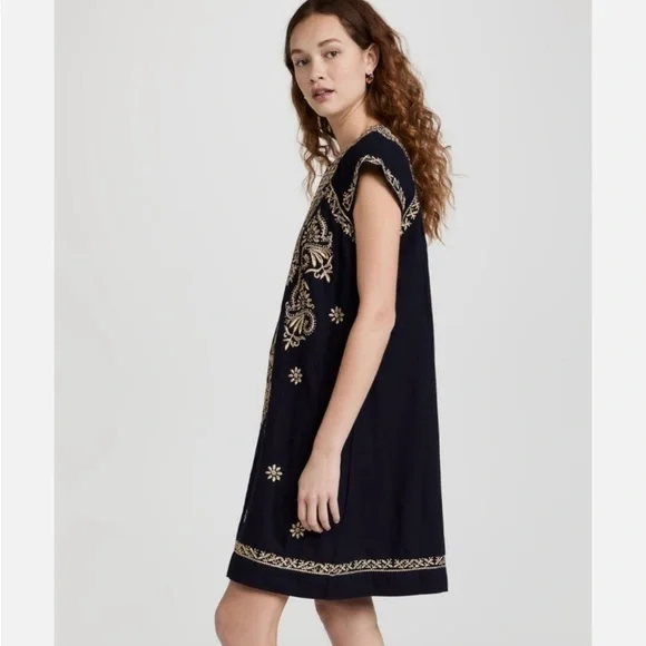Roberta Roller Rabbit Dark Navy Bespoke Faith Dress with beige embroidery size M - Picture 4 of 15